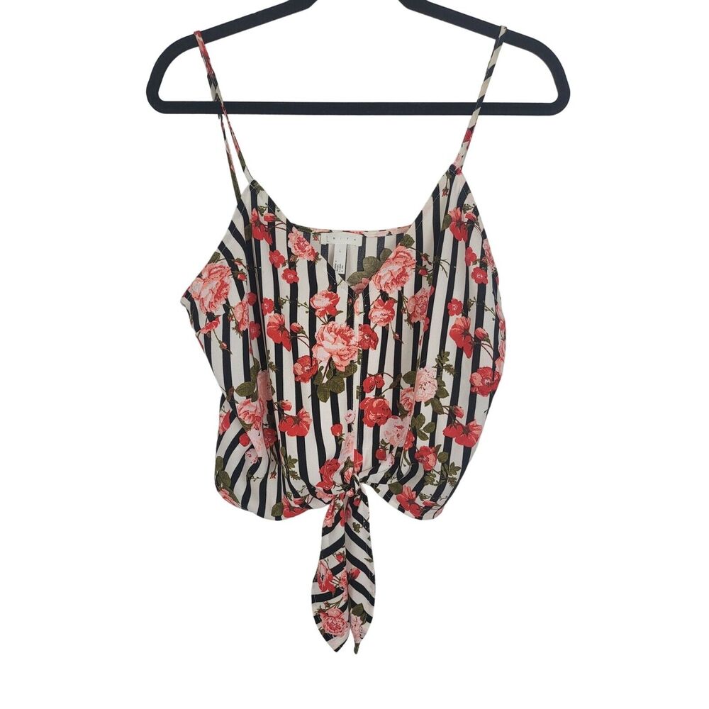 Leith Tie Front Crop Top Large Womens Floral Striped V Neck Spaghetti Straps Top
